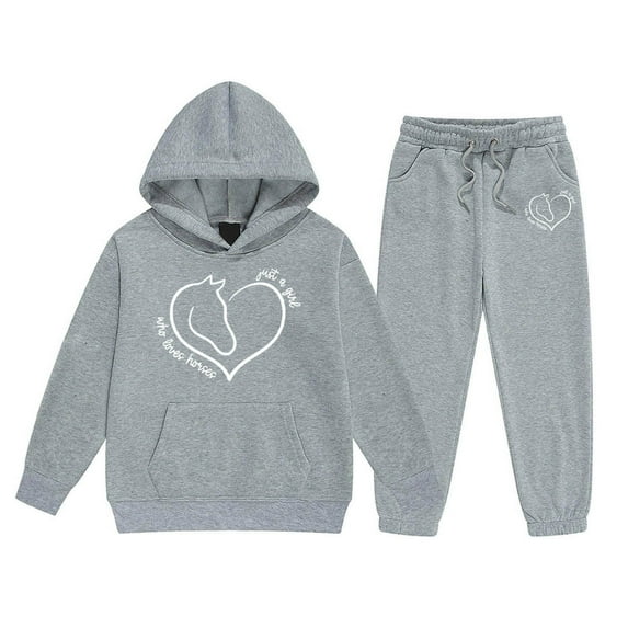 Big Girls Outfits Set Kids Hoodie Pants Combo Casual Letter Print Pullover Jogger Two Piece Outfit Clothes Grey Size 12-13T