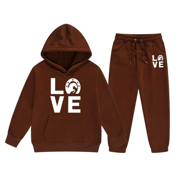 Big Girls Outfits Set Kids Letter Print Hoodie Pants Casual Comfy Two Piece Outfit Kids Clothing Brown Size 12-13T