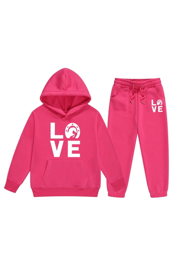 Big Girls Outfits Set Kids Letter Print Hoodie Pants Casual Comfy Two Piece Outfit Kids Clothing Hot Pink Size 8-9T