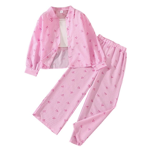 Big Girls Outfits Set Kids Long Sleeve Shirt Pants Striped Bow Tie Casual Wear Fall Daily Outfits Clothing Pink Size 9-10T