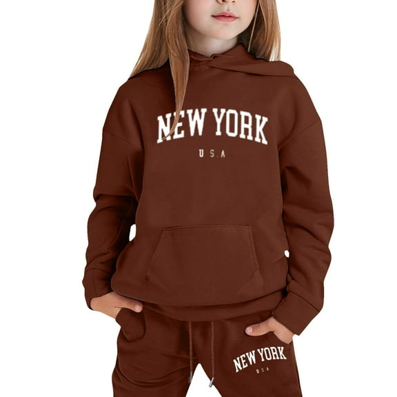 Big Girls Outfits Sets Casual Winter Wear Trendy Printed Hooded Sweatshirt Fall Girls Clothes Coffee Size 8-9T