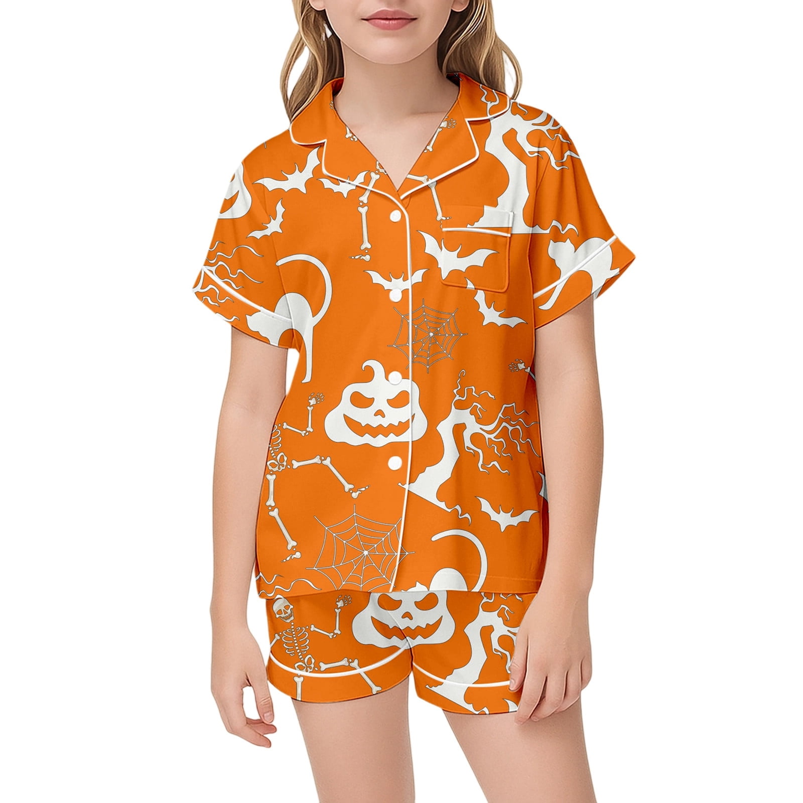 Big Girls Outfits Sets Ghost Pumpkin Skeleton Printed Pajama Soft Silk ...