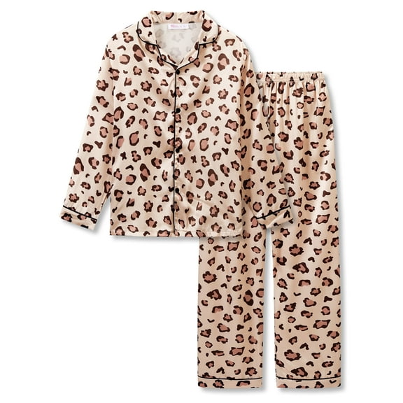 Big Girls Pajamas Size 10 – Lovely Brown Leopard Long Sleeve & Pants Button Down PJ Set Loungewear