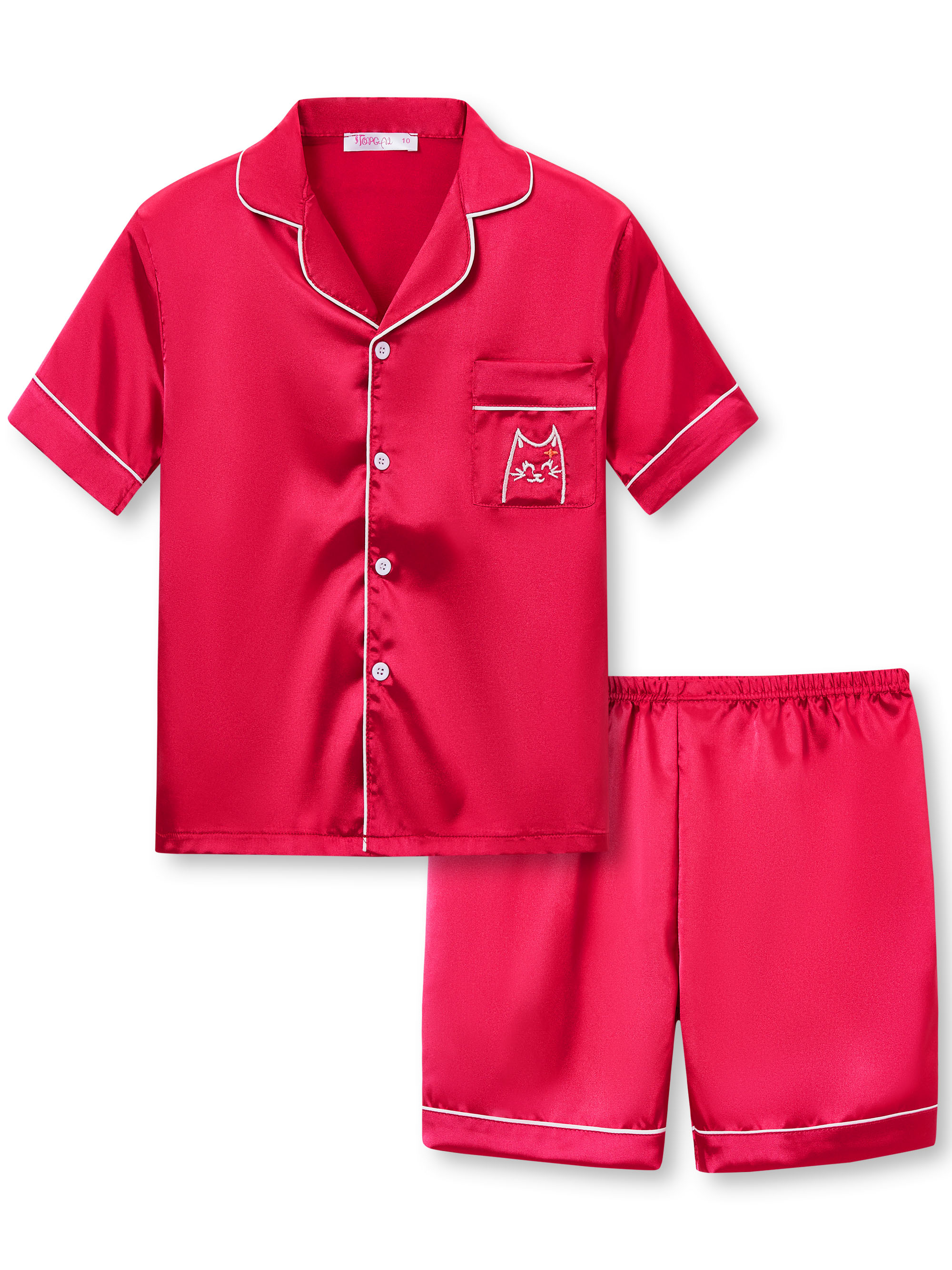 Big Girls Pajamas Size 12 Cute Red Satin Cat Short Sleeve & Shorts PJ