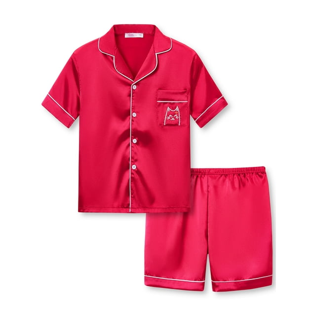 Big Girls Pajamas Size 12 Cute Red Satin Cat Short Sleeve & Shorts PJ