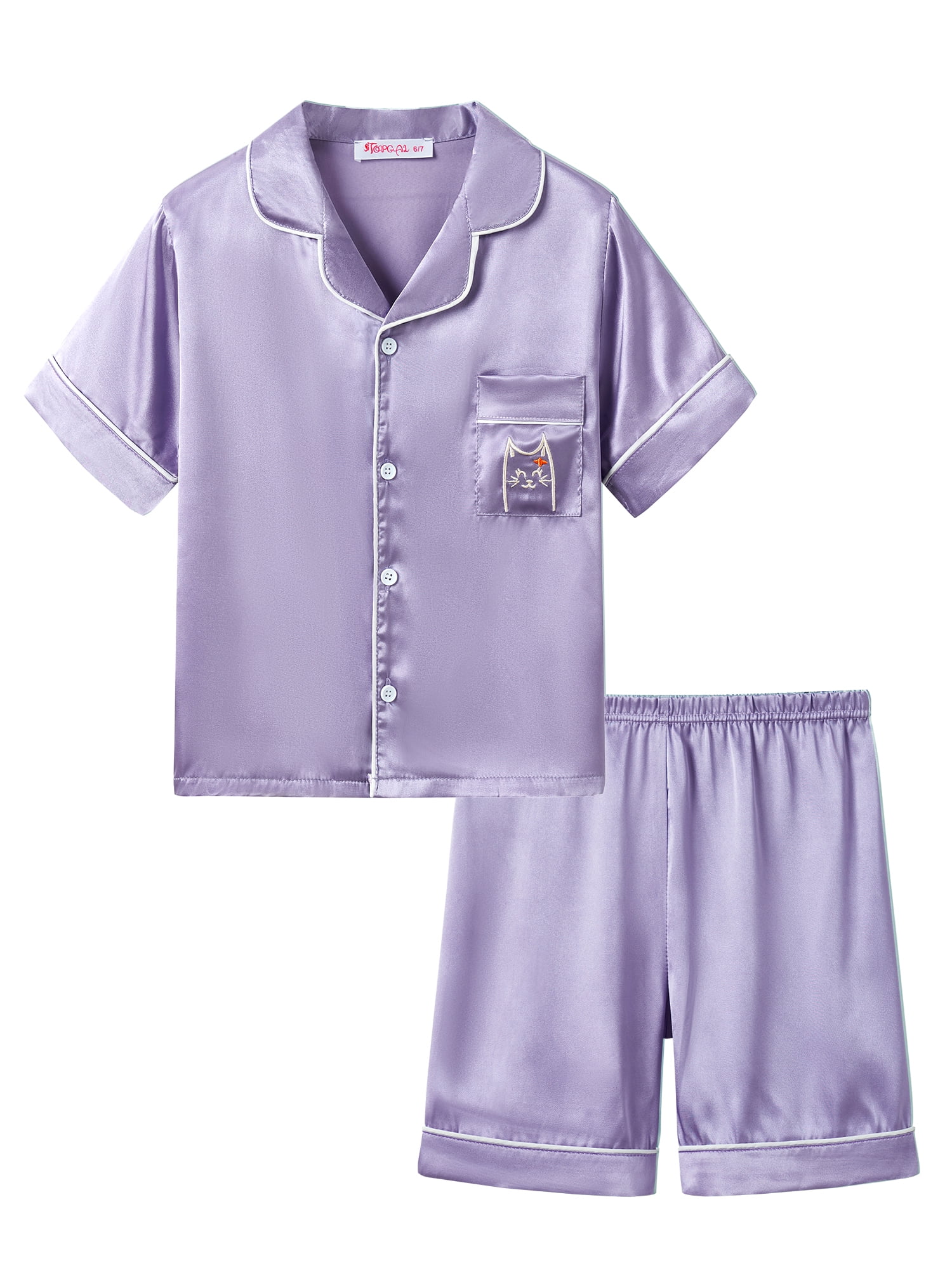 Big Girls Pajamas Size 12 Cute Satin Cat Short Sleeve & Shorts PJ Set