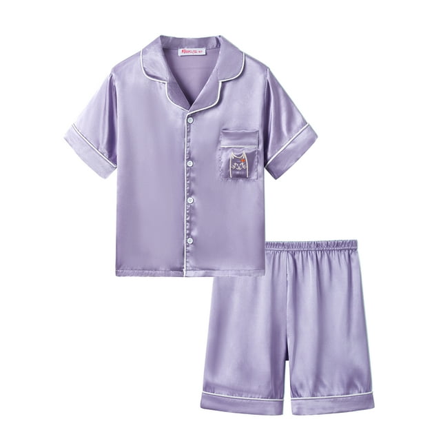 Big Girls Pajamas Size 12 Cute Satin Cat Short Sleeve & Shorts PJ Set