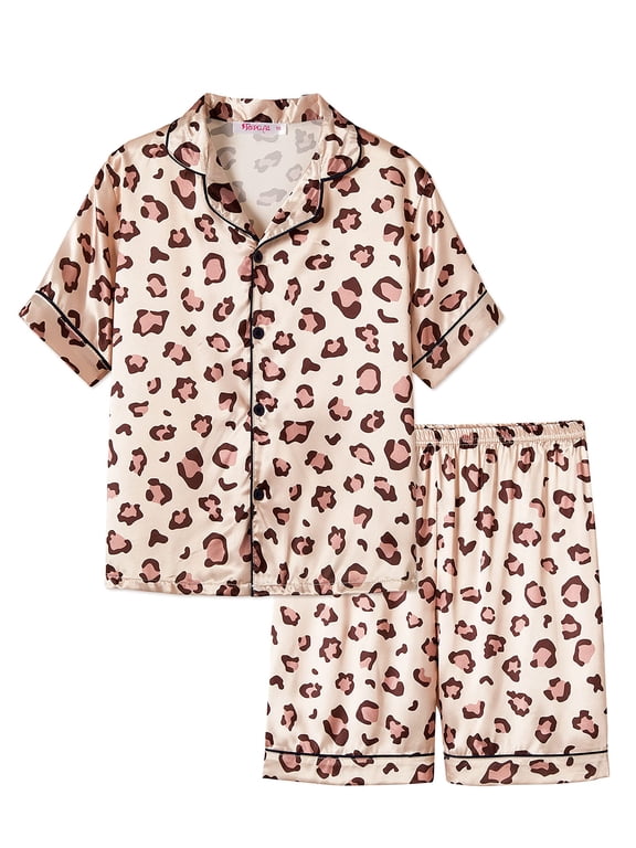 Big Girls Pajamas Size 12 – Lovely Brown Leopard Short Sleeve & Shorts Button Down PJ Set Sleepwear