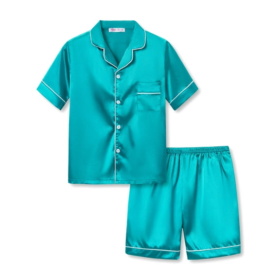 Big Girls Pajamas Size 12 – Lovely Teal Satin Short Sleeve & Shorts PJ Set Sleepwear