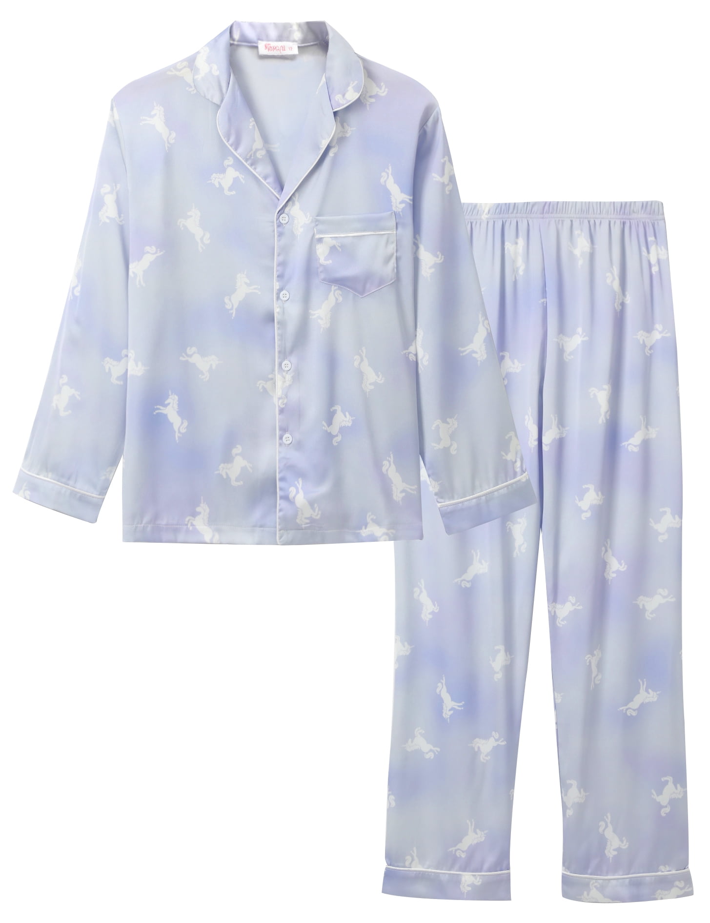 Big Girls Pajamas Size 14 2 PC Quality Satin Cute Cat Long Sleeve Loungewear Pink & Beige