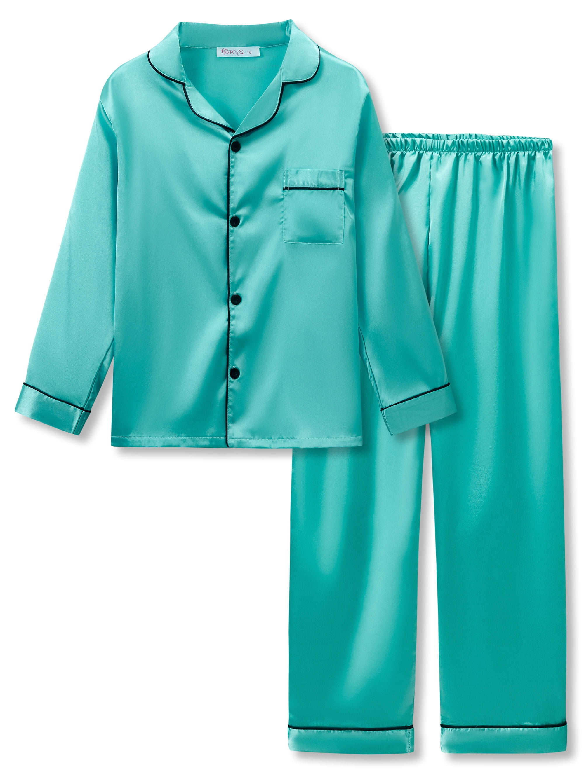 Big Girls Pajamas Size 14 Lovely Aqua Blue Satin Long Sleeve & Pants Outfit Set Sleepwear