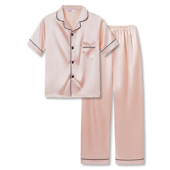 Topgal Big Girls Pajamas Size 14 – Lovely Rose Gold Satin Short Sleeve & Pants PJ Set Sleepwear