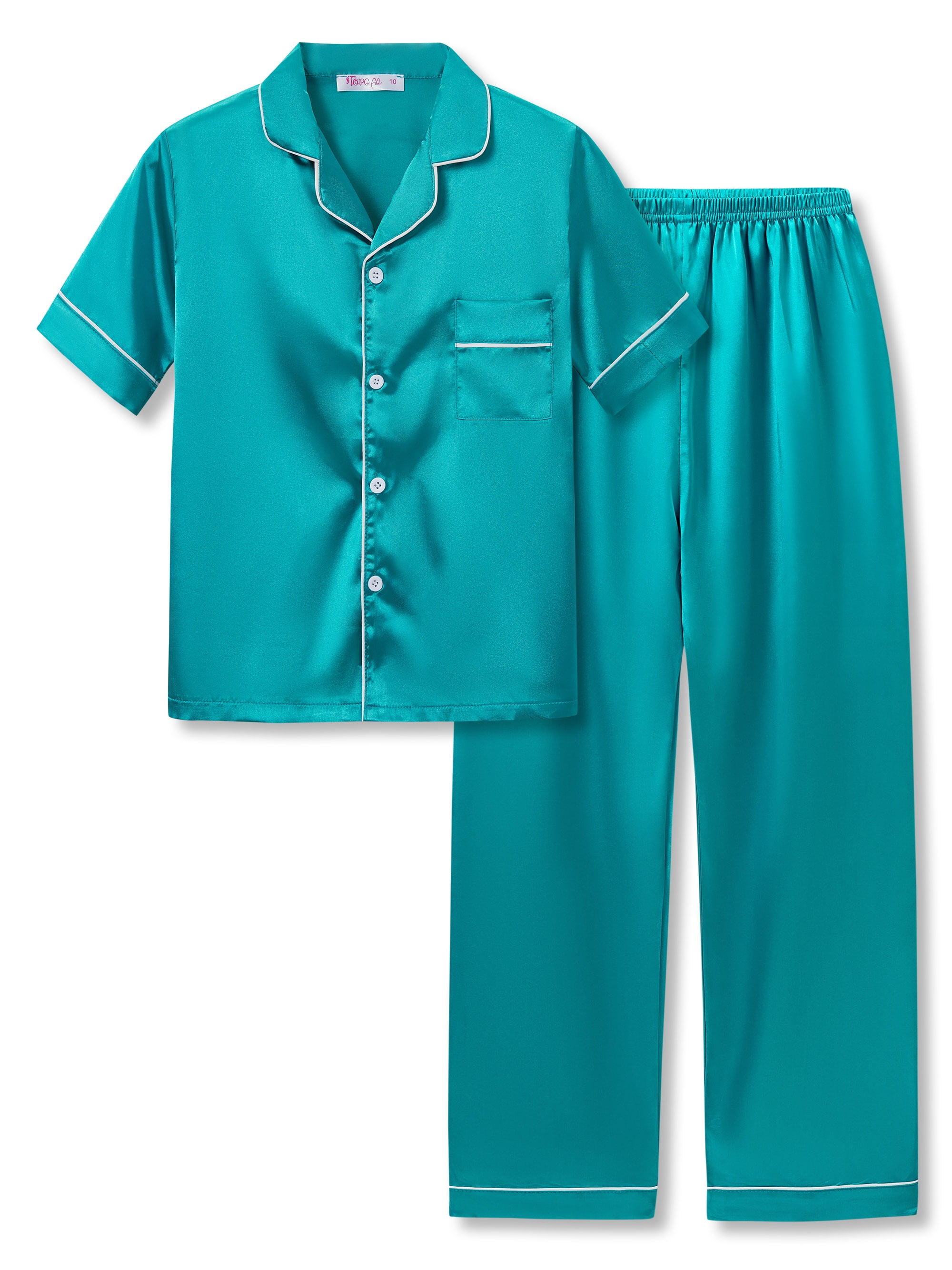 Big Girls Pajamas Size 14 Lovely Teal Satin Short Sleeve & Pants PJ Set Sleepwear