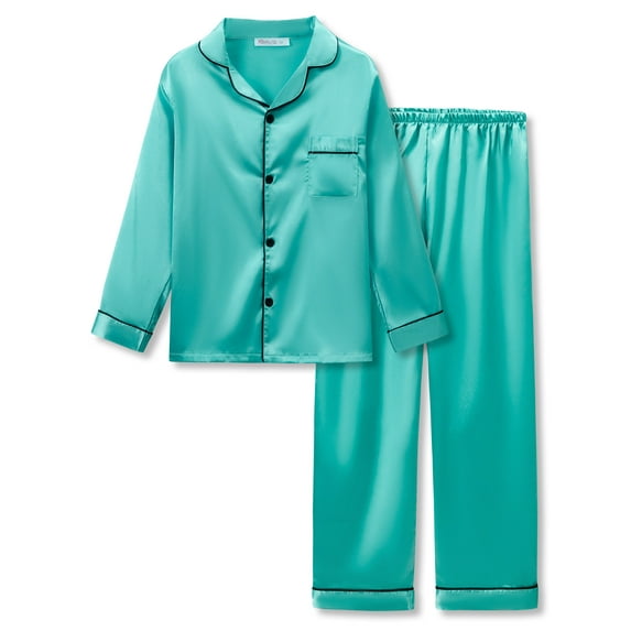 Topgal Big Girls Pajamas Size 16 – Lovely Aqua Blue Satin Long Sleeve & Pants Outfit Set Sleepwear