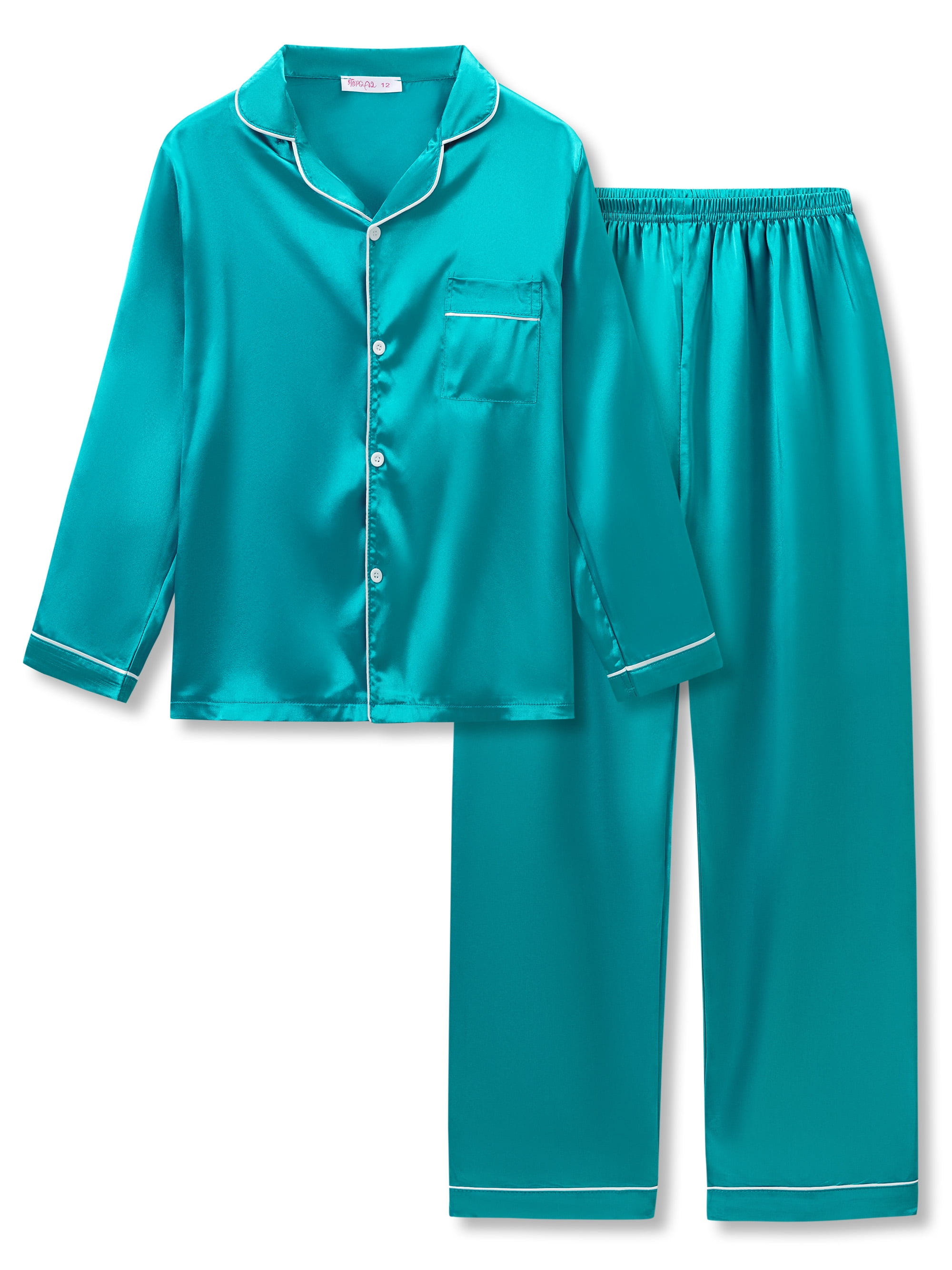 Big Girls Pajamas Size 16 Lovely Teal Satin Long Sleeve & Pants PJ