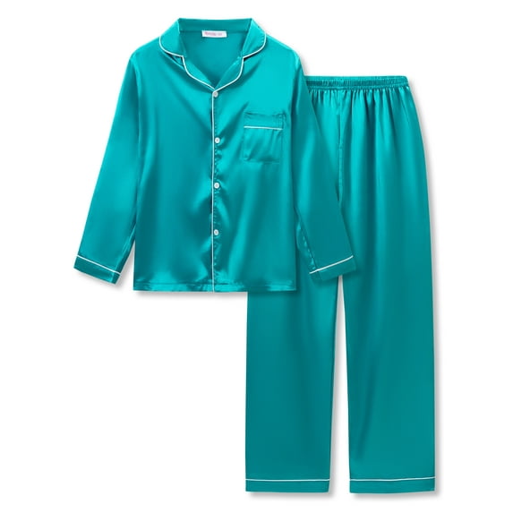 Big Girls Pajamas Size 6/7 – Lovely Teal Satin Long Sleeve & Pants PJ Set Sleepwear