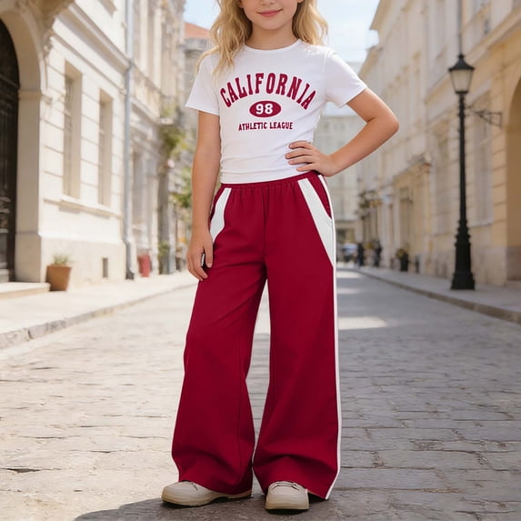 Big Girls Pants Set Outfits Set Short Sleeve Matching Sets Girls Casual Outfit Tee With Letter Print And Relaxed Straight Leg Cargo Pants Two Piece Playwear Combo Clothes Set Red 10-11 Years