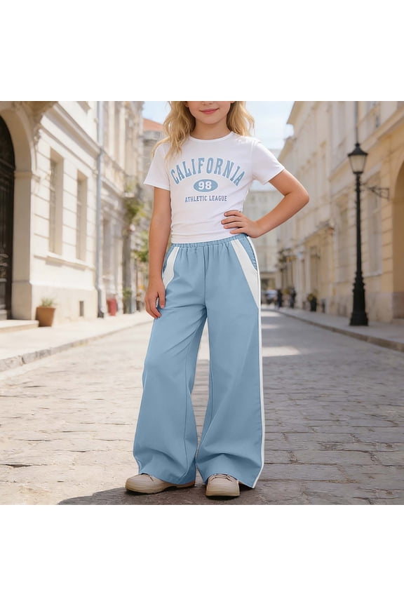 Big Girls Pants Set Outfits Set Short Sleeve Matching Sets Girls Casual Outfit Tee With Letter Print And Relaxed Straight Leg Cargo Pants Two Piece Playwear Combo Clothes Set Blue 10-11 Years
