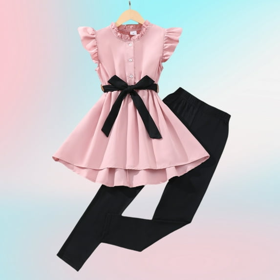 Big Girls Pants Set Outfits Set Sleeveless Matching Sets Summer Ruffle Sleeve Girls Outfit Set Stylish Top And Solid Pants For Casual Beach School Perfect For Ages 8 To 12 Clothes Set Pink 9-10 Years