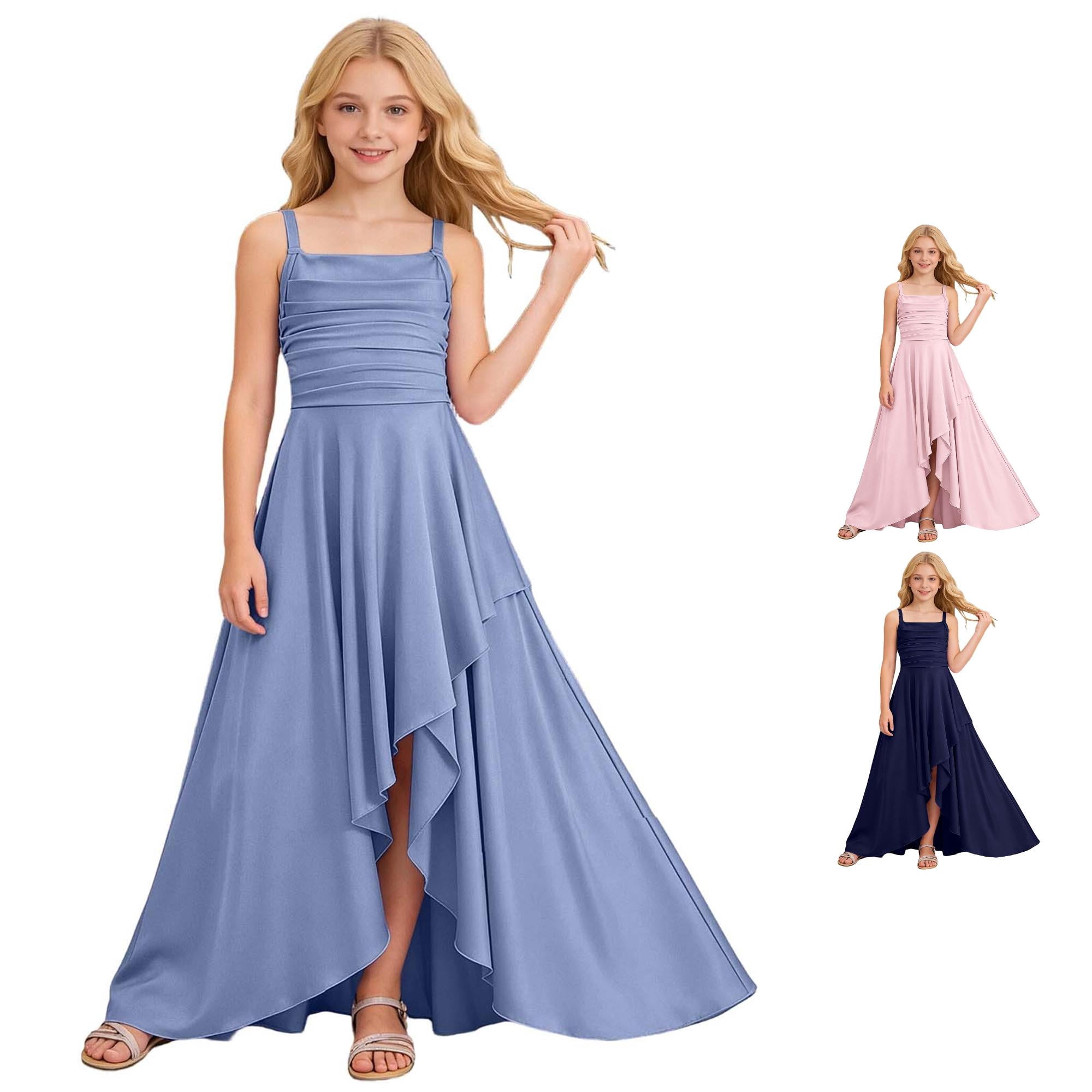 Big Girls Party Dress Solid Color Satin High-Low Ruched Bodice Maxi ...