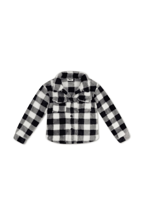Big Girls Plaid Print Faux Fur Jacket with Button Closure - Black Gray