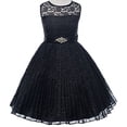 thumbnail image 1 of Big Girls' Pleated Lace Illusion Top Sunburst Skirt Flowers Girls Dresses Black Size 12, 1 of 7