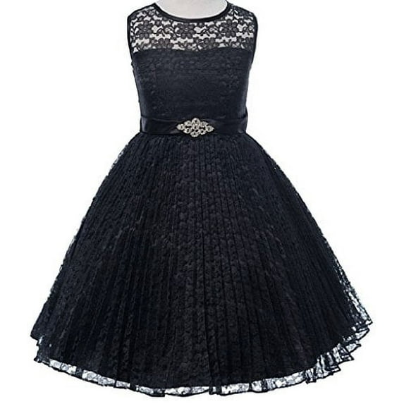Big Girls' Pleated Lace Illusion Top Sunburst Skirt Flowers Girls Dresses Black Size 8