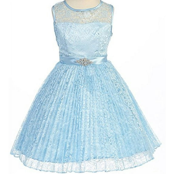 Big Girls' Pleated Lace Illusion Top Sunburst Skirt Flowers Girls Dresses Blue Size 8