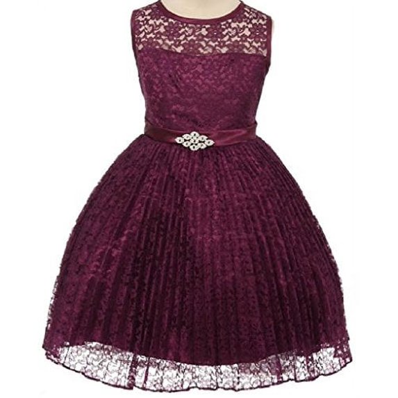 Big Girls' Pleated Lace Illusion Top Sunburst Skirt Flowers Girls Dresses Purple Size 12