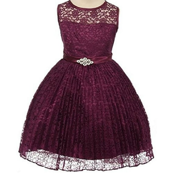 Big Girls' Pleated Lace Illusion Top Sunburst Skirt Flowers Girls Dresses Purple Size 14