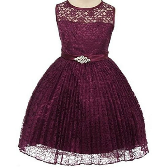 Big Girls' Pleated Lace Illusion Top Sunburst Skirt Flowers Girls Dresses Purple Size 8