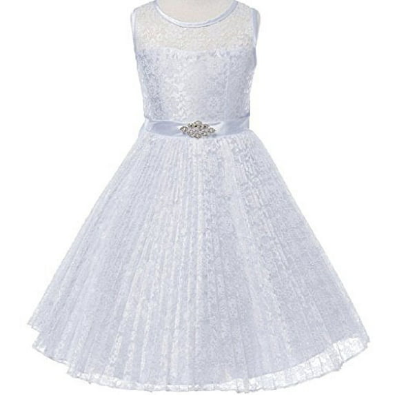Big Girls' Pleated Lace Illusion Top Sunburst Skirt Flowers Girls Dresses White Size 10