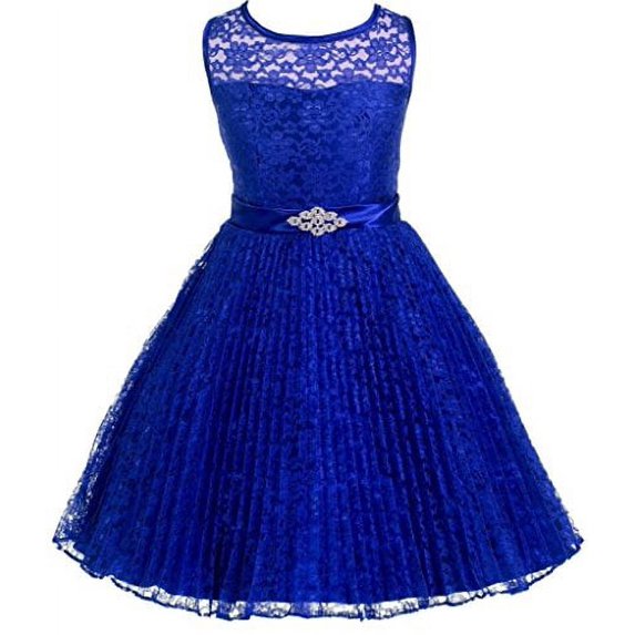 Big Girls' Pleated Lace Illusion Top Sunburst Special Flowers Girls Dresses Royal Size 16