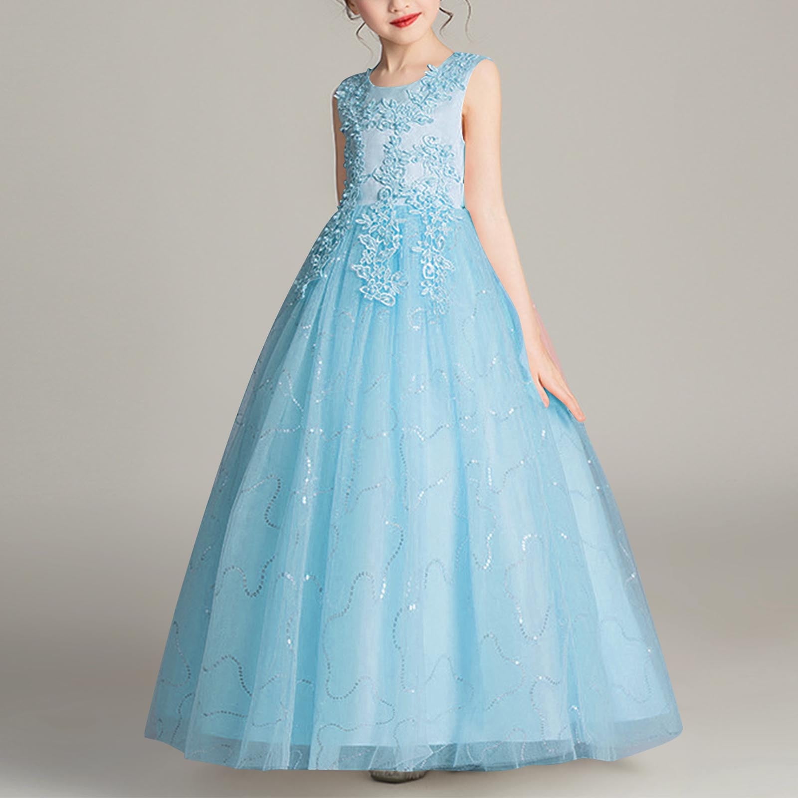 Big Girls Prom Dresses Size 4-14 Sleeveless Crewneck Teens Kids Formal  Solid A-Line Layered-Tulle Elegant Graduation Evening Party Maxi Dress