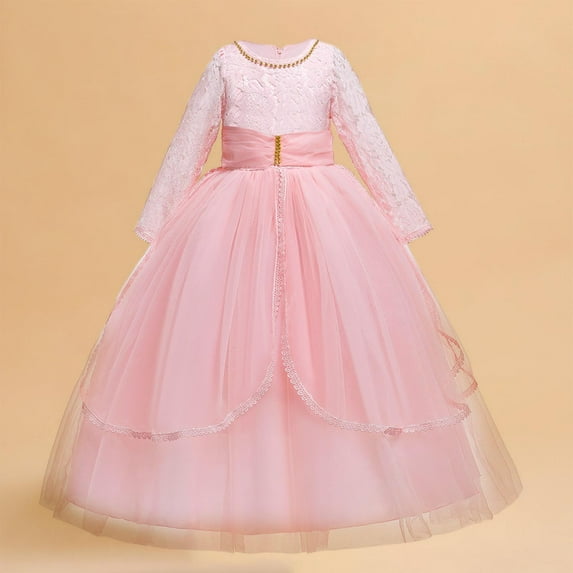 Big Girls Prom Dresses Wedding Guest Size 7-14 Teens Kids Elegant Long Sleeve Crewneck A-Line Solid Color Birthday Party Maxi Dress