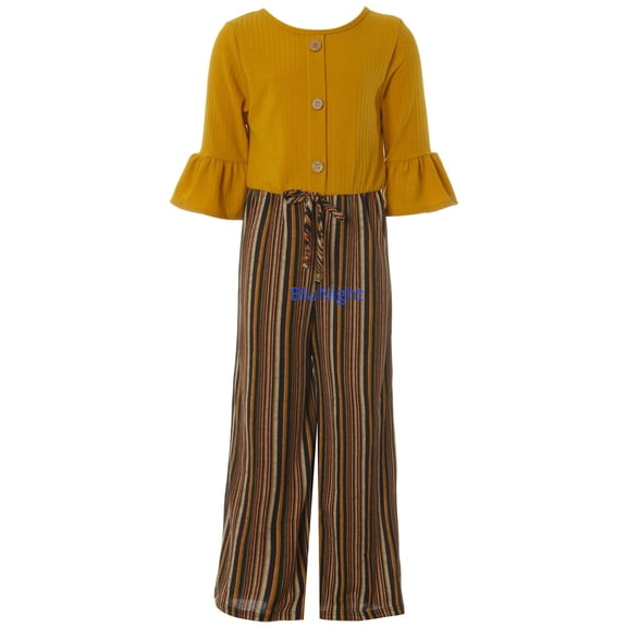Big Girls Quarter Ruffle Sleeve Button Stripe Winter Fall Wide Leg Jumpsuit Dark Yellow 8 (2J1KS92)