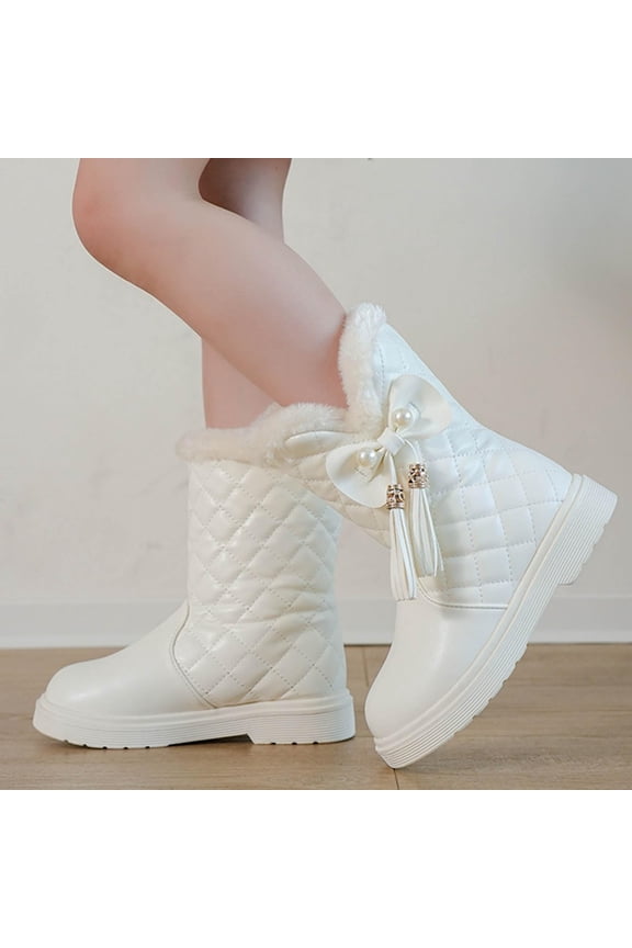 Big Girls' Quilted Snow Boots, Fleece-Lined Mid-Calf Winter Boots with Bow & Tassel Detail