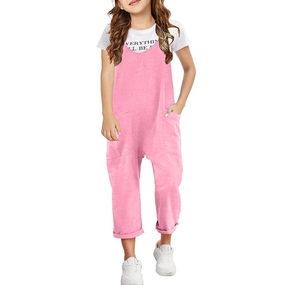 Big Girls Rompers Sleeveless Spaghetti Strap Jumpsuit Pockets Solid Color Loose Overalls Girls Jumpsuits 12T-13T