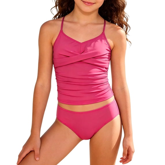 Big Girls Ruched Tankini Swimsuit, V Neck Twist Adjustable Strap Bathing Suit, Two Piece Padded Split Swimming Suit for Preteen Girls