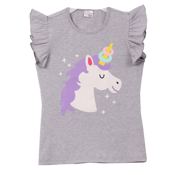 Big Girls' Ruffle Sleeve Unicorn Cotton Summer School Top T-Shirt Tee Grey 7 XXL (P318146P)