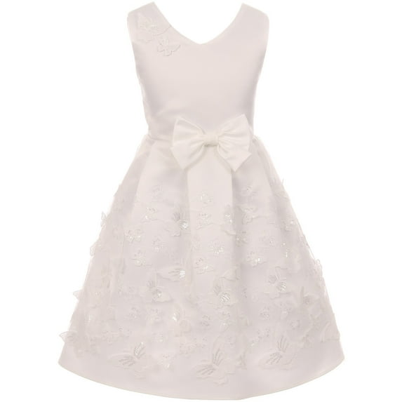 Big Girls' Satin Butterfly Mesh Lace Ribbon Trim Holiday Party Easter Flower Girl Dress Off White 14 (J21KS12)