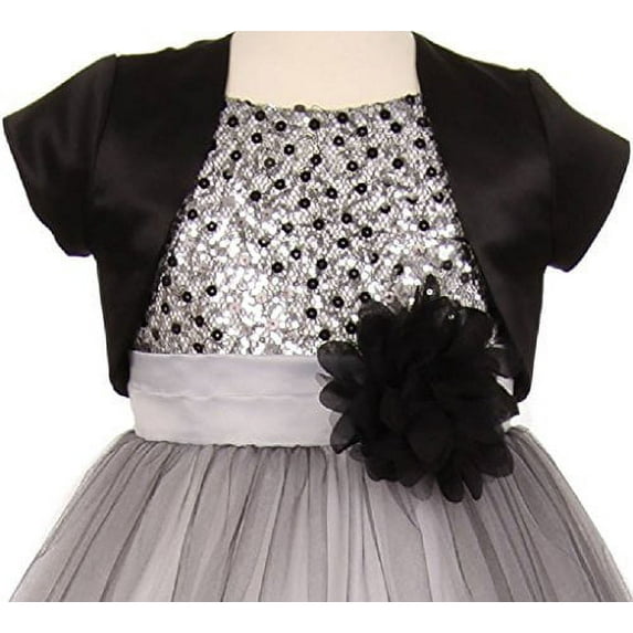 Big Girls' Satin Short Flower Girl Bolero Jacket Cover Black 8 (K35D5)