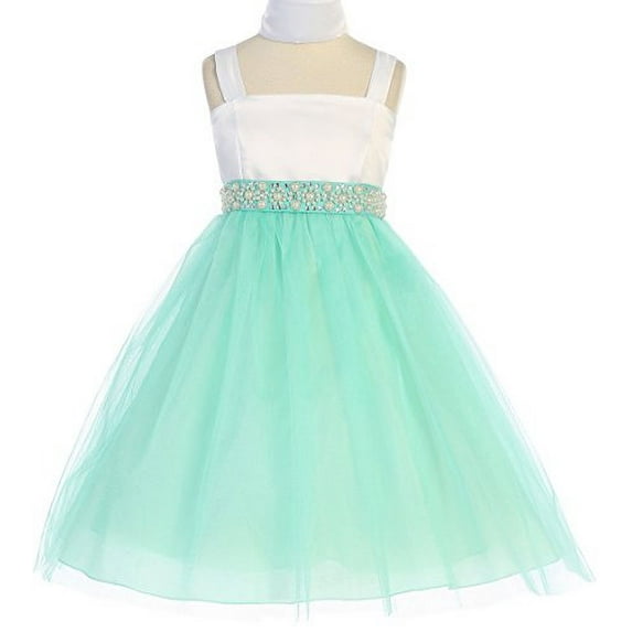 Big Girls' Satin Top Tulle Skirt Flower Belt Flowers Girls Dresses Mint 18 (J36K39)
