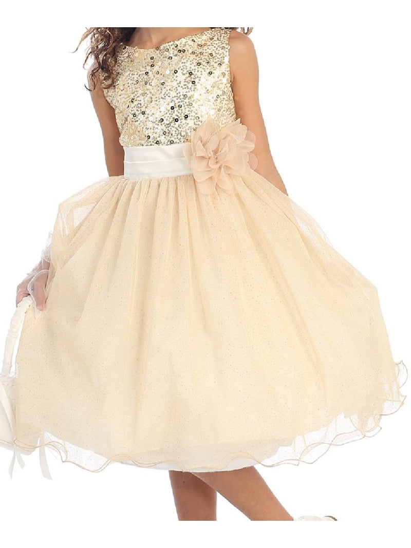 Big Girls' Sequin Junior Bridesmaid Wedding Pageant Flower Girl Dress Gold Size 12 (K305D)