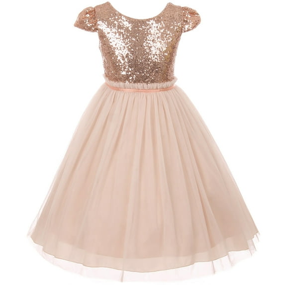 Big Girls' Sequin Tulle Cap Sleeve Bridesmaid Party Birthday Flower Girl Dress Blush Size 14.5 (K410D)