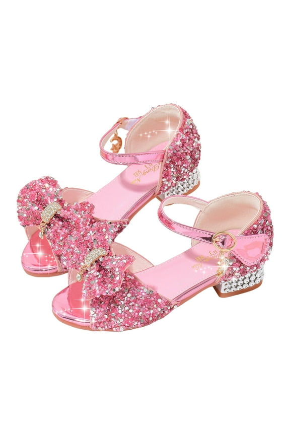 Girls High Heels Dress Sandals Princess Bow Shoes Party Flower Wedding Shoes for Toddler Kids tacones para niñas Low Heel Shiny Sparkle
