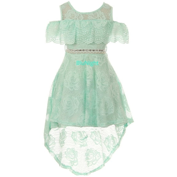 Big Girls Short Sleeve Floral Lace Hi Lo Rhinestones Wedding Flower Girl Dress Mint 10 (2J1K7S6)