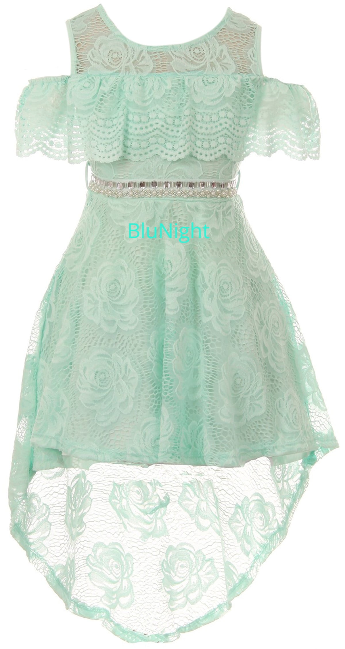 Blunight Collection Big Girls Short Sleeve Floral Lace Hi Lo Rhinestones Wedding Flower Girl Dress Mint 12 (2j1k7s6), Girl's