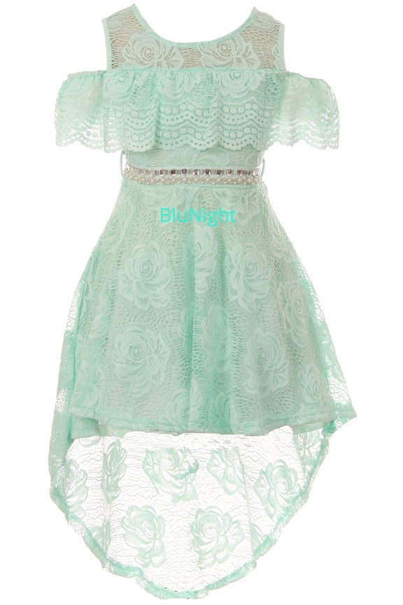 Big Girls Short Sleeve Floral Lace Hi Lo Rhinestones Wedding Flower Girl Dress Mint 8 (2J1K7S6)