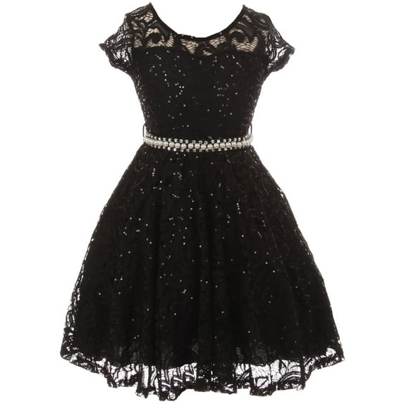 Big Girls' Short Sleeve Lace Glitter Skater Pearl Belt Special Occasion Flower Girl Dress Black 10 (J21KS02)